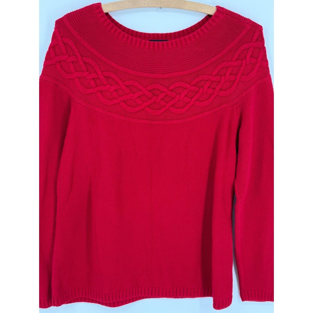 Talbots Womens Red Cable Knit Sweater Medium 55% Cotton 20% Nylon 20% Rayon 5% C